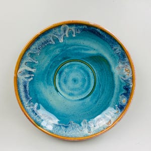 Handgemachte Keramikschüssel groß blau türkis rustikale Servierplatte flache Geschenk Keramik Einweihungsparty Geschenk Küche Obstschale
