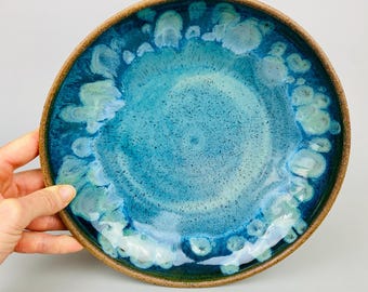 Ceramic Serving Bowl Large Blue Speckled Pottery Platter unique handmade