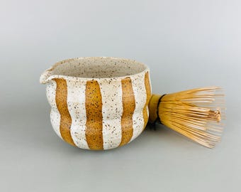 Handmade Striped Ceramic Matcha Bowl: Pottery Tea Whisking Chawan
