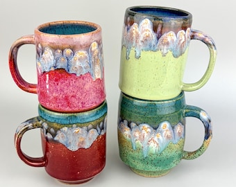 Handmade Speckled Ceramic Coffee Mug Blue Green Pink Colorful Pottery Crystal Glaze 14 oz