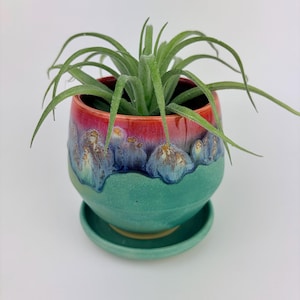 May include: A ceramic planter with a matching saucer containing a green air plant. The planter features a smooth matte teal base that transitions into a glossy, reactive glaze rim with shades of deep blue, purple, and vibrant red, creating a drip effect.