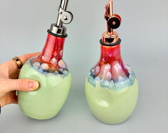 Handmade Ceramic Olive Oil Bottle Dispenser: Drippy colorful Glaze Pottery Cruet