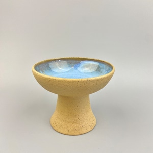 Handmade Ceramic Pedestal Bowl: Speckled Clay, Blue Interior