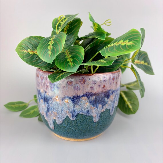 Ceramic kitchen utensil crock large vase blue green purple speckled utensil holder