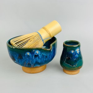 Handmade Ceramic Matcha Bowl Set: Blue Drippy Galaxy Tea Chawan with Whisk Stand