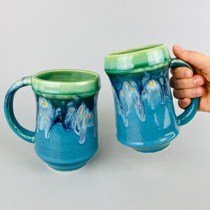 Handmade Ceramic Mug: 16 oz Blue Green Pottery Stein with Colorful Handle