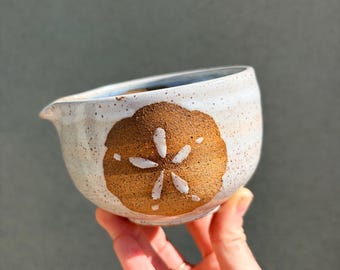 Ceramic Matcha Bowl Chawan Speckled White Blue Sandollar Pour Spout Ocean Pottery