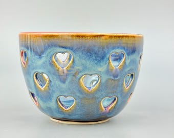 Ceramic Berry Bowl blue Colander hearts Wheel Thrown Stoneware Pottery Stripes Gift Handmade USA made woman owned