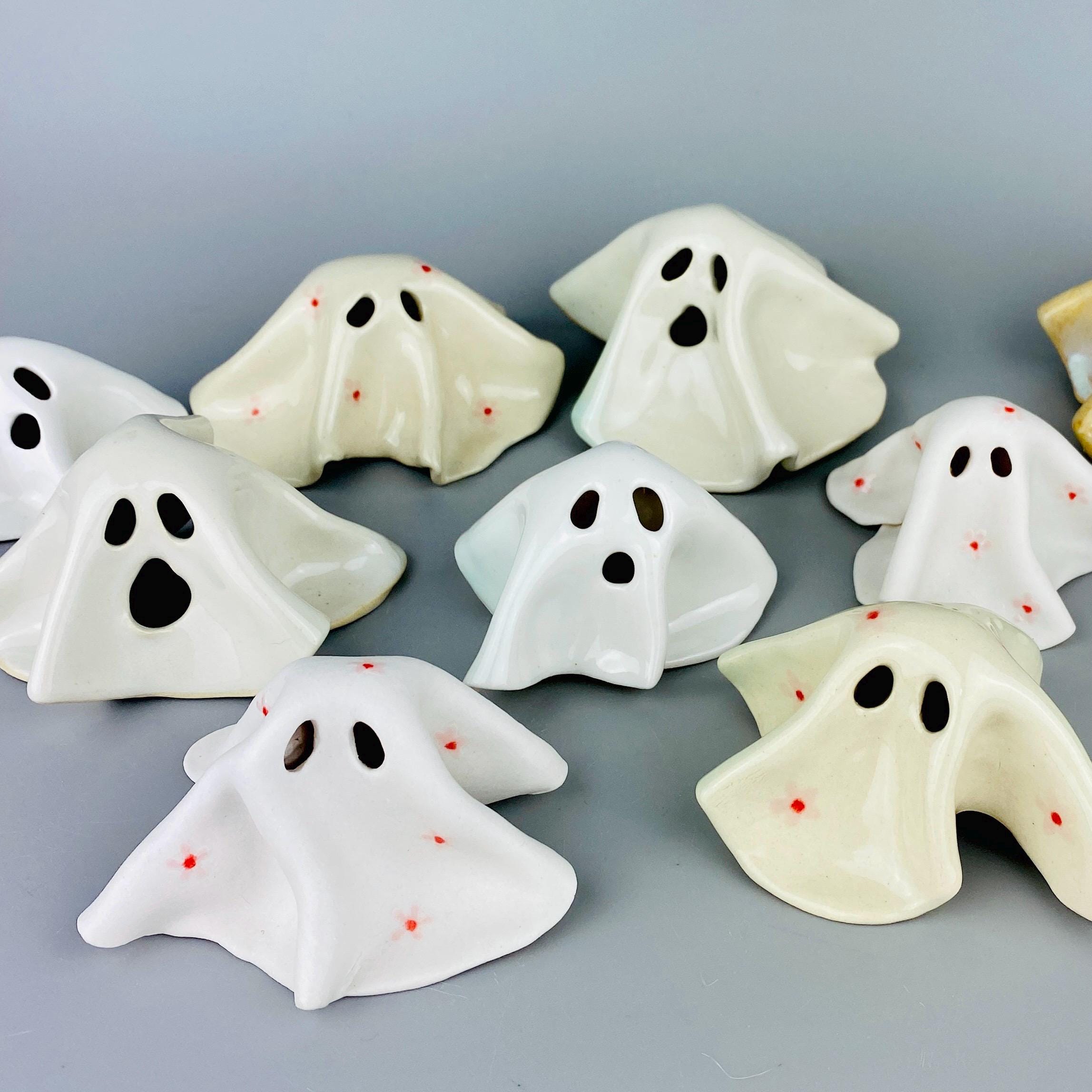 Ceramic Ghost Halloween Decor Figurine Handmade White Floral Pink ...
