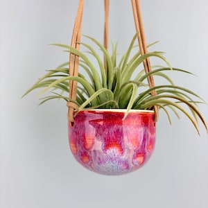 May include: A hanging planter with a vibrant, glossy red and purple glaze. The ceramic pot holds a green plant with long, slender leaves. Tan leather straps suspend the planter, creating a modern, decorative display.