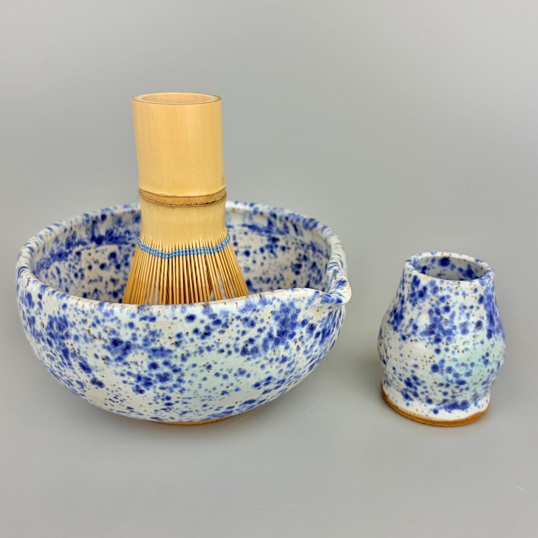 Ceramic Matcha Bowl Set Blue White Splatter Speckled Chawan Chasen Set ...