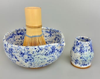 Ceramic Matcha Bowl Set Blue White Splatter Speckled Chawan Chasen set USA made Pottery