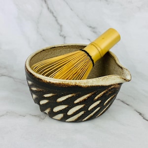 Rustic White Matcha Bowl Chawan Carved black clay Handmade Ceramic Pottery green Tea USA made tea lover gift bowl with spout