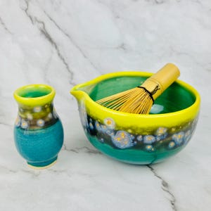 Matcha set Bowl Chawan and  whisk rest Chasen Set Handmade Ceramic Pottery green blue green yellow glaze Tea USA made bowl with spout