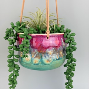 May include: A hanging ceramic planter with a vibrant, glazed finish in shades of pink, teal, and gold. The planter holds a variety of green plants, including a trailing succulent and an air plant. Tan leather straps suspend the planter.