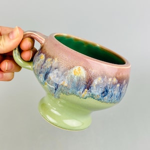 Handmade ceramic coffee Mug tea Cup with Handle One of a kind gift Unique pottery made in USA tea coffee purple green drippy 12 oz