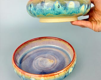 Ceramic Bowl Purple Green Pink Blue Drippy Serving Shallow Salad Bowls Handmade pottery