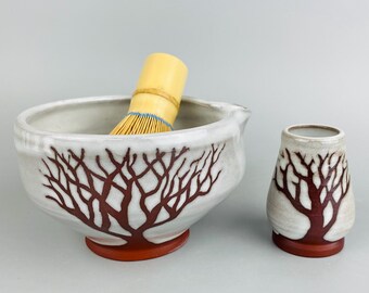 Matcha bowl Set White Red Tree Ceramic Chawan Chasen Whisk rest