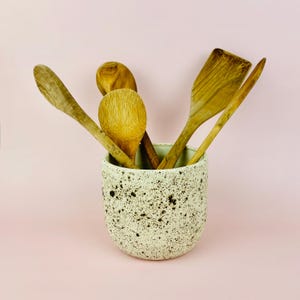Speckled Ceramic Utensil Holder Vase: Handmade Pottery Crock Splatter