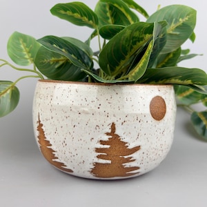 Big Bowl, planter pot, ceramic, speckled white brown, forest, pine trees, ceramic, cottagecore, gift for cabin