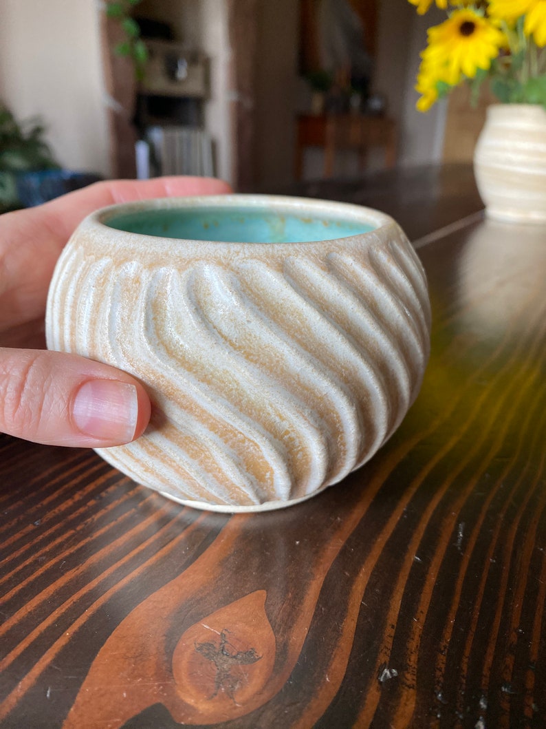 Ceramic Cup Tumbler Votive Carved Handmade Ocean Water Cup Drink Unique Gift Pottery Candle holder image 4