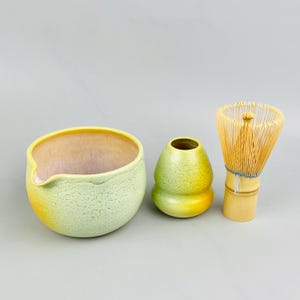 Handmade Matcha Bowl Set: Green Yellow Crackle Glaze Ceramic Whisk Stand, Bamboo Whisk