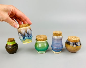 Small Ceramic Jar Corked Lidded Lid Cork Cute Kitch Kitchen Handmade USA Unique Gift Spices Herbs Nug Jug Bottle jars colorful