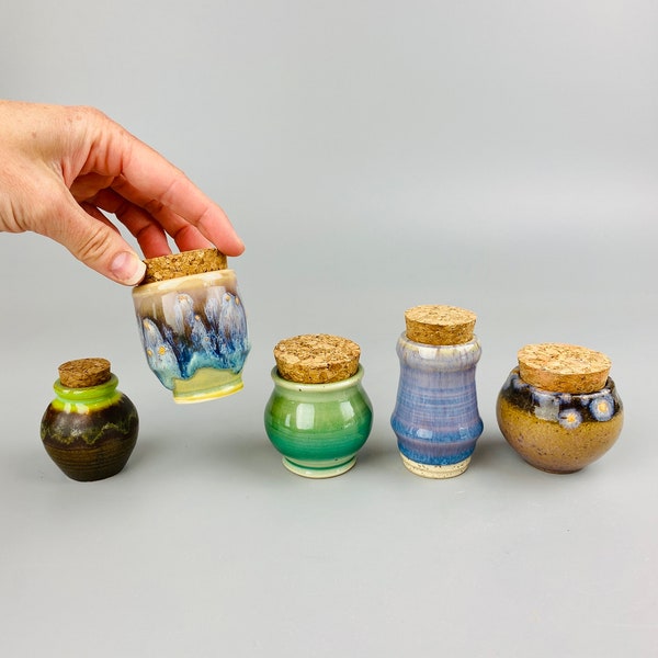 Small Ceramic Jar Corked Lidded Lid Cork Cute Kitch Kitchen Handmade USA Unique Gift Spices Herbs Nug Jug Bottle jars colorful