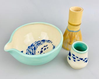 Handmade Fish Glaze Matcha Bowl Set Turquoise Blue Ceramic Pottery