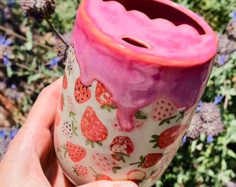 PREORDER Ceramic to go Travel Tumbler Sippy Cup Pink Strawberry Drippy Glaze Handmade Stoneware Pottery