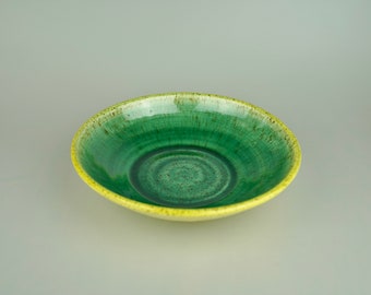 Large Serving Bowl Platter Shallow Handmade Ceramic Yellow Green Speckled Gift Pottery USA Big Large