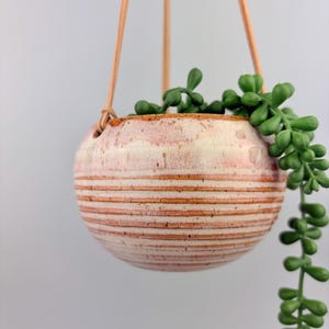 May include: A round ceramic hanging planter with a speckled cream and pink glaze featuring horizontal brown ridged lines. The planter is suspended by light tan leather straps and contains a trailing green succulent plant with small round leaves.