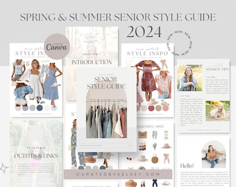 May include: A collage of images for a senior style guide for spring and summer. The guide includes outfit inspiration, tips for senior photo sessions, and a curated list of clothing and accessories. The guide is titled "Spring & Summer Senior Style Guide 2024" and is made with Canva.