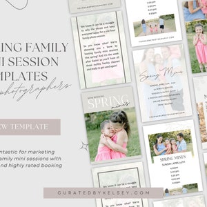 May include: A set of social media templates for photographers to promote spring family mini sessions. The templates feature a light pink and green color scheme with floral accents and text that says "Spring Minis" and "Family Mini Sessions".