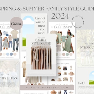 Peut inclure: Un guide numérique pour styliser les photos de famille pour le printemps et l'été. Le guide comprend des inspirations de tenues, des liens vers des vêtements et des conseils pour créer des looks cohérents. La couverture présente un collage d'images avec le texte "Spring & Summer Family Style Guide 2024" et "Family Style Guide".