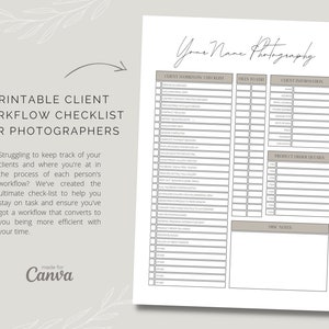 Op de afbeelding: Printbare checklist voor de workflow van klanten voor fotografen. Het witte papier bevat een gedetailleerde checklist met secties voor de workflow van klanten, te bewerken bestanden en klantinformatie. Tekst: "Your Name Photography" en "made for Canva."