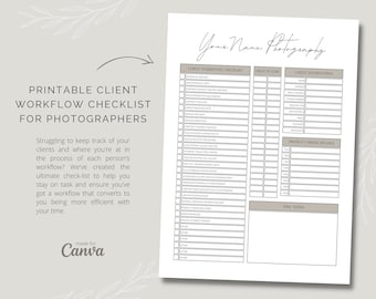 Canva Photography Client Workflow Checklist Printable | Canva Templates for Senior & Family Photographers | Photography Organization List