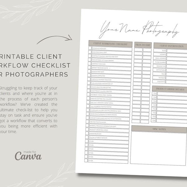 Canva Photography Client Workflow-checklist afdrukbaar | Canva-sjablonen voor senioren- en familiefotografen | Lijst met fotografieorganisaties