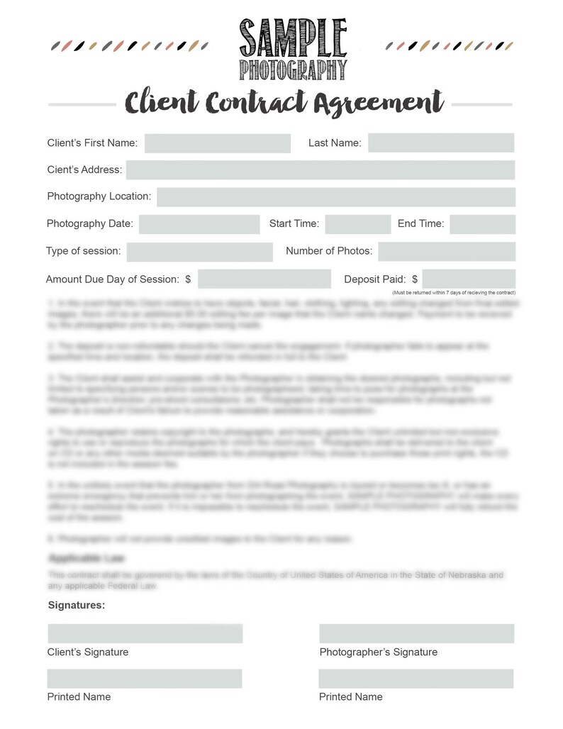 Photographer Client Contract Agreement / Photography Client Etsy
