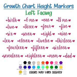 May include: A growth chart with height markers, featuring the words "birth" through "eighteen", "mom", and "dad". The text is in a cursive font with a heart symbol. A color palette is shown at the bottom.