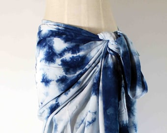 Shibori, Sarong, Wrap, Coverp up, Scarf, Indigo, Blue, Hand dyed, Beachwear, Swimsuit, Sunbathing, lightweight, Cotton Voile