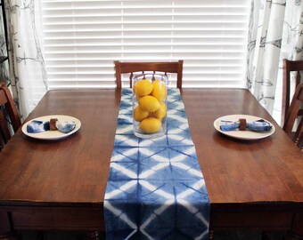 Linen Table Runner, Shibori, Indigo, Hand Dyed, Boho, Tie Dye, Rustic, Farmhouse, Table Linens, Housewarming, Boho Table, Dining, Runner