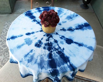 Hand Dyed, Indigo, Round"ish" Tablecloth, Shibori, Rayon, Table Cover, Small Table Cloth, Tapestry, Tie Dye, Boho, Blue, Round,