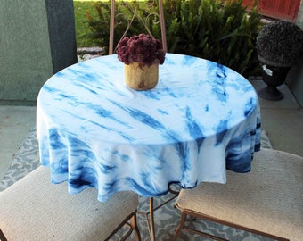 Hand dyed, Indigo, Small, Shibori, Round-ish Tablecloth, Hand dyed, Tie Dye, Blue, Table Cover, Round, Rayon, Boho, Tapestry,