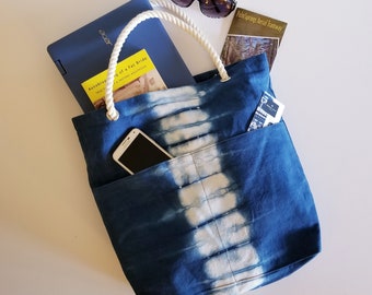 Indigo Tote bag, Canvas Tote, Beach Bag, Hand dyed Bag, Shibori Tote, Market Bag, School Bag, Book Bag, Summer Tote, Beach fashion, Tie Dye