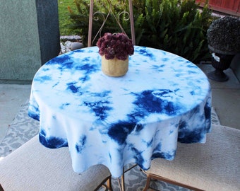 Small, Shibori, Round"ish" Tablecloth, Hand dyed, Indigo, Striped, Hand dyed, Tie Dye, Blue, Table Cover, Round, Rayon, Boho, Tapestry,