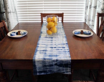 Hand Dyed, Linen Table Runner, Shibori, Indigo, Boho, Tie Dye, Rustic, Farmhouse, Table Linens, Housewarming, Boho Table, Dining, Runner