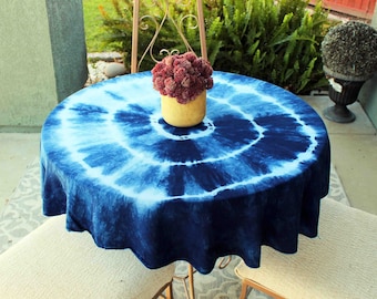 Hand Dyed, Indigo, Round"ish" Tablecloth, Shibori, Rayon, Table Cover, Small Table Cloth, Tapestry, Tie Dye, Boho, Blue, Round,