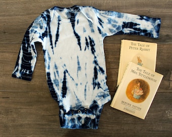 6-9 mo Long Sleeve, Tie Dye Baby Romper, Boho Baby, Baby Romper, Baby One piece, Hand dyed Indigo, Baby Body Suit, Baby clothing, Baby Gift