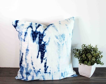 18" Decorative Throw Pillow, Blue Stripes, Hand Dyed Shibori, Accent Pillow, Pillow Cover, Sofa Pillow, Boho Decor, Tie dye design, Washable